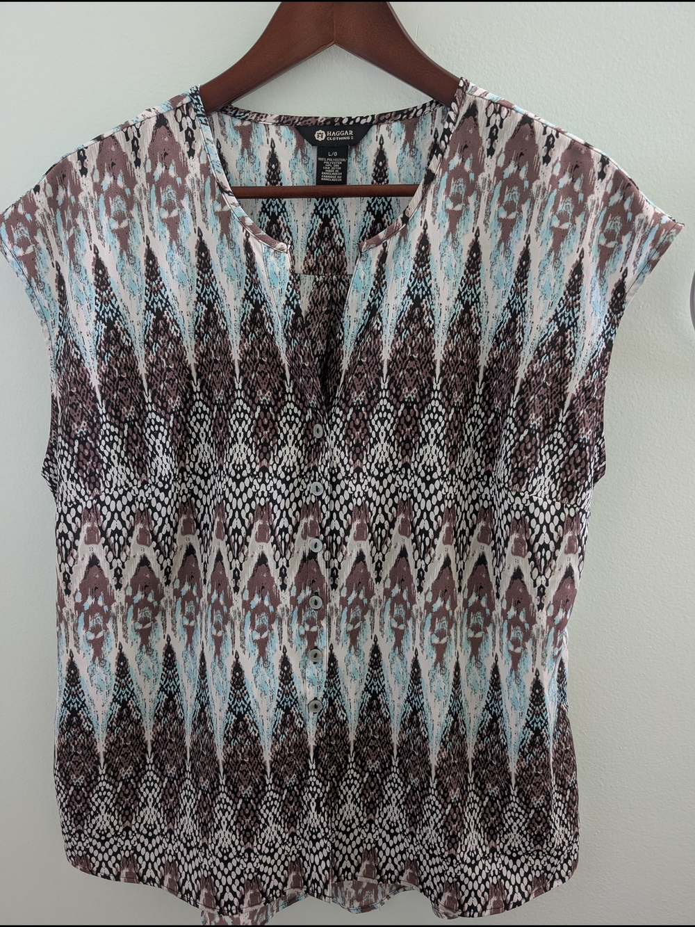 Haggar Brown, White and Blue Ikat Cap-Sleeve Blouse